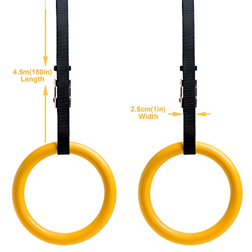 REEHUT Anillas de Gimnasia, Anillas de Deporte con Correas Ajustables de 4,5m y Hebillas de Metal con Agarre Duro, Amplio y Antideslizante Ideales para Entrenamiento de Fuerza (2 Unidades, Amarillo)