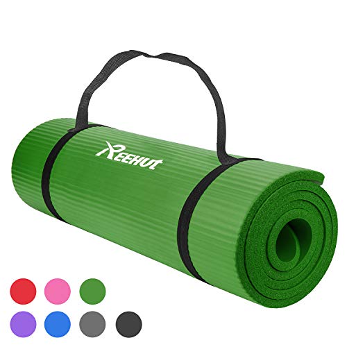 REEHUT Colchoneta de Yoga de NBR de Alta Densidad y Extra Gruesa de 12mm Diseñada para Pilates, Fitness y Entrenamiento - con Correa de Hombro 180cm x 61cm（Verde）