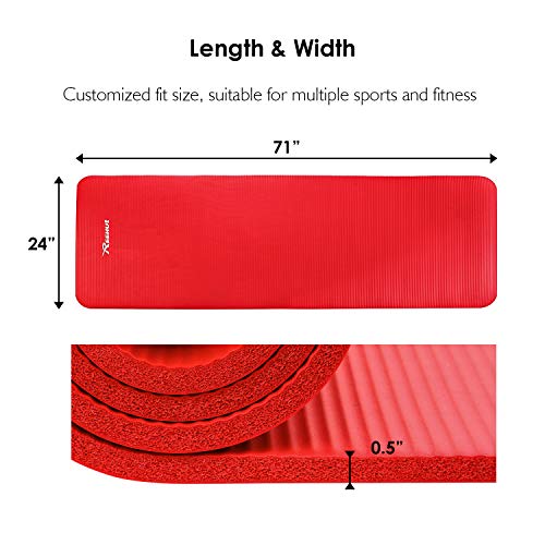 REEHUT Colchoneta de Yoga de NBR de Alta Densidad y Extra Gruesa de 12mm Diseñada para Pilates, Fitness y Entrenamiento - con Correa de Hombro 180cm x 61cm（Rojo）