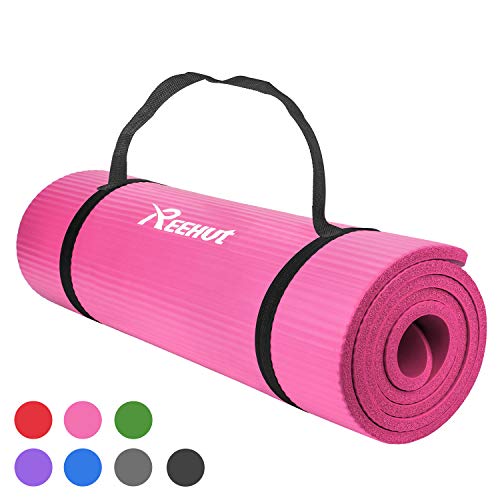 REEHUT Colchoneta de Yoga de NBR de Alta Densidad y Extra Gruesa de 12mm Diseñada para Pilates, Fitness y Entrenamiento - con Correa de Hombro 180cm x 61cm（Rosa）