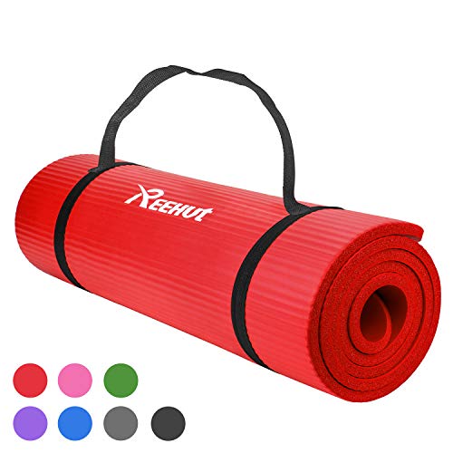 REEHUT Colchoneta de Yoga de NBR de Alta Densidad y Extra Gruesa de 12mm Diseñada para Pilates, Fitness y Entrenamiento - con Correa de Hombro 180cm x 61cm（Rojo）