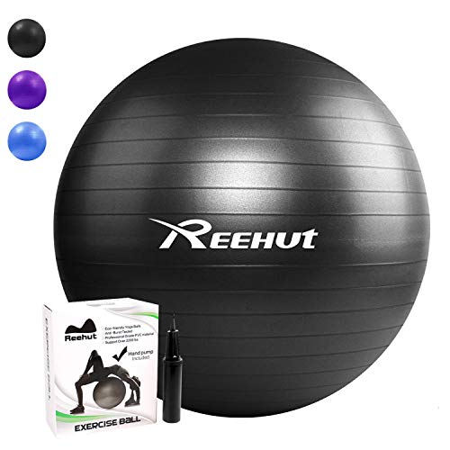 REEHUT Pelota de Ejercicio Anti-Burst para Yoga, Equilibrio, Fitness, Entrenamiento, incluidos Bomba y Manual de Usuario - Negro 65cm