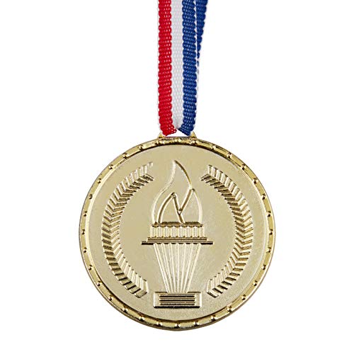 Relaxdays Medallas Doradas para niños, Set de 12, Antorcha, Colgante, Premio para ganadores, 5 cm Ø, Plástico