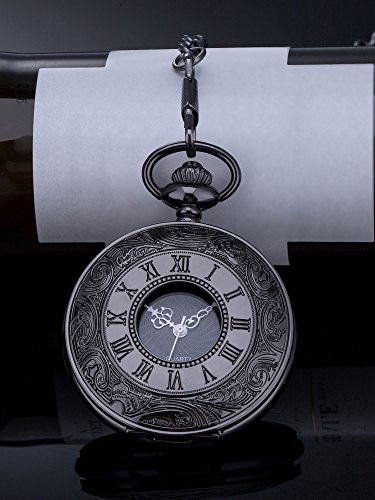 Reloj de Bolsillo de Cuarzo Escala Numeral Romano con Cadena (Negro)