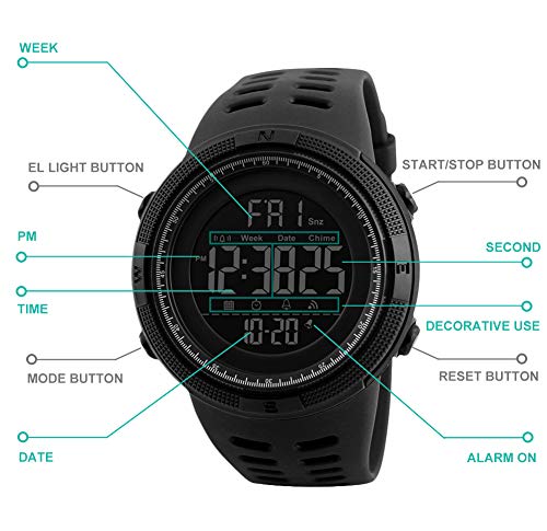 Reloj Digital para Hombre - 50M impermeable Deportivo Relojes de pulsera Prueba para Hombre, Reloj Militar Negro LED con Alarma/cuenta regresiva/Cronómetro / 12/24H para Hombre