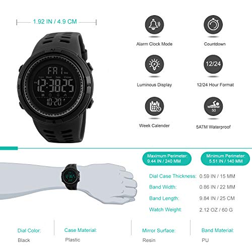 Reloj Digital para Hombre - 50M impermeable Deportivo Relojes de pulsera Prueba para Hombre, Reloj Militar Negro LED con Alarma/cuenta regresiva/Cronómetro / 12/24H para Hombre