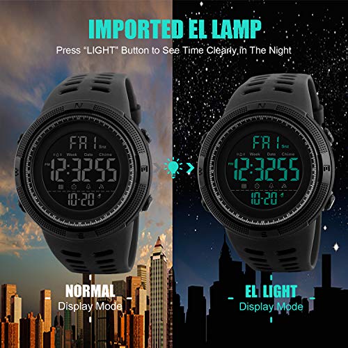 Reloj Digital para Hombre - 50M impermeable Deportivo Relojes de pulsera Prueba para Hombre, Reloj Militar Negro LED con Alarma/cuenta regresiva/Cronómetro / 12/24H para Hombre