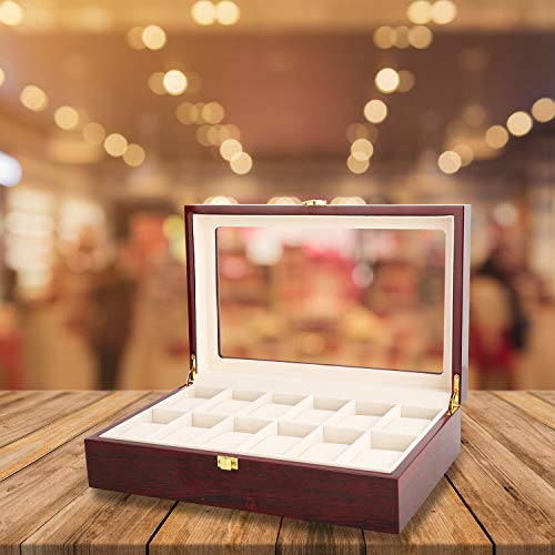 Relojes Caja, Gifrot Caja de Reloj de Madera 12 Estuche joyería de Almacenamiento con Parte Superior de Cristal y Almohadillas de Almacenamiento extraíble (12, Rojo)