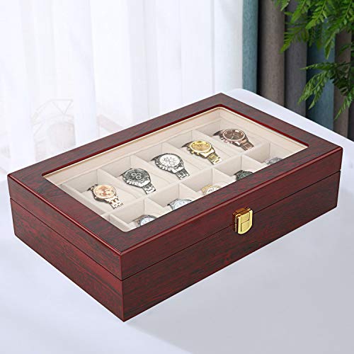 Relojes Caja, Gifrot Caja de Reloj de Madera 12 Estuche joyería de Almacenamiento con Parte Superior de Cristal y Almohadillas de Almacenamiento extraíble (12, Rojo)