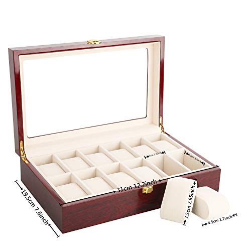 Relojes Caja, Gifrot Caja de Reloj de Madera 12 Estuche joyería de Almacenamiento con Parte Superior de Cristal y Almohadillas de Almacenamiento extraíble (12, Rojo)