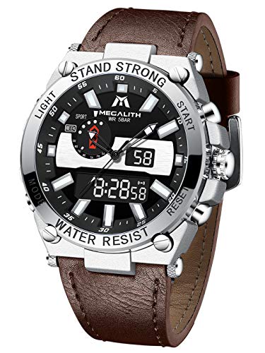 Relojes Hombre MEGALITH Digitales Deportes Reloj Pulsera Impermeable LED Cronómetro Marrón Military Relojes para Hombres Analógico Digital Cara Grande Diseño Alarma Calendario