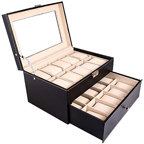 Relojes para hombre Display Box Relojes de joyería de la mancuerna Organizador con la cerradura y la parte superior de cristal de joyería caja de reloj de 2 capas de la PU caja de la pantalla de almac