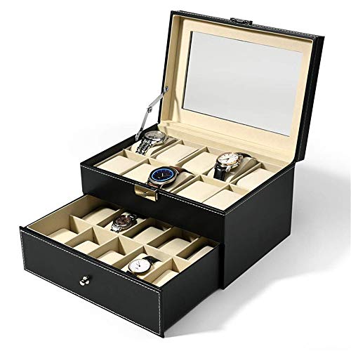 Relojes para hombre Display Box Relojes de joyería de la mancuerna Organizador con la cerradura y la parte superior de cristal de joyería caja de reloj de 2 capas de la PU caja de la pantalla de almac