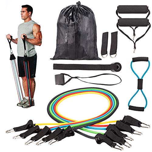 Resistance Bands Correas Set Workout Bands 12 pcs - 5 Fitness Bandas Elasticas en Látex,1 Yoga Exercise Band 8 forma,Anclaje de Puertas,Correas Para El Tobillo,Asas Y Bolsa para Estiramiento Tonifi