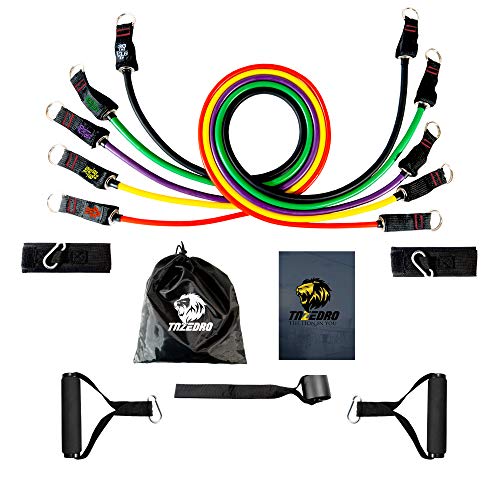 Resistance Bands Set of 11, Fitness Exercise Bands 5 Tubes, Door Anchor, Ankle Straps, Foam Handles, men/women 100lbs, for Home Gym, Yoga