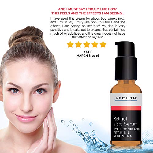 Retinol Serum 2.5% con ácido hialurónico, Aloe Vera, Vitamina E - Aumenta la producción de colágeno, Reduce arrugas, líneas finas - 1 oz - Yeouth