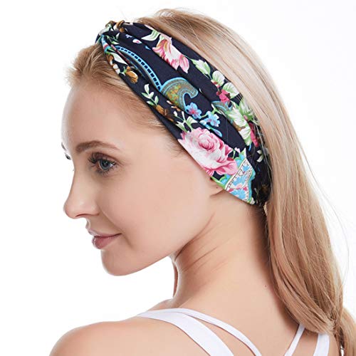 REYOK 4 Piezas Boho Botones Nudo Diademas Retorcido Criss Cross Banda para el Cabello Para Mujer Turbante Bohemia Elástica De Estampado De Flores Cinta Para El Pelo