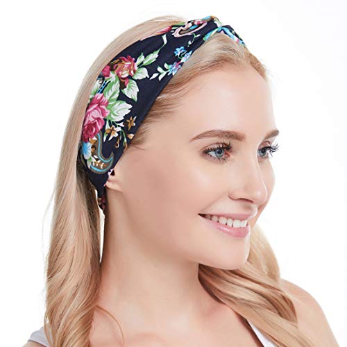 REYOK 4 Piezas Boho Botones Nudo Diademas Retorcido Criss Cross Banda para el Cabello Para Mujer Turbante Bohemia Elástica De Estampado De Flores Cinta Para El Pelo