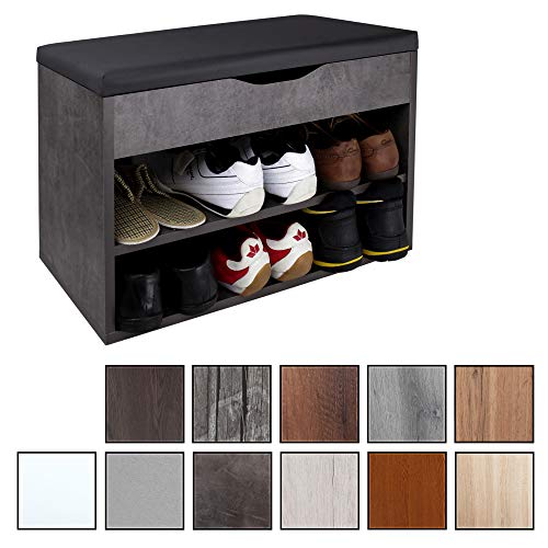 RICOO WM032-BG-A, Banco Zapatero, 60x42x30cm, Armario Interior con Asiento, Organizador Zapatos, Mueble recibidor, Perchero, Madera Gris Cemento