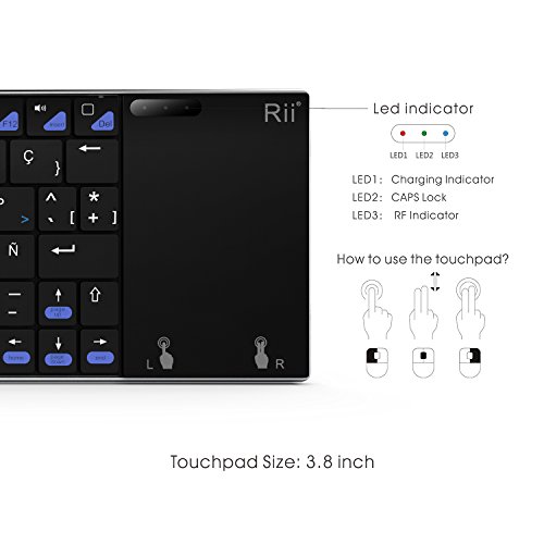 Rii K12+ Mini Teclado compacto con touchpad multitoque integrado (WiFi 2.4 GHz, USB incorporado, cubierta de Acero Inoxidable ultra-resistente) Color Negro - QWERTY Español