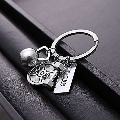 Rinhoo Llavero unisex de acero inoxidable de levantamiento de peso, gimnasio, con frases, entrenamiento, disco de peso, barra, mancuerna, llavero con colgantes relacionados con el ejercicio
