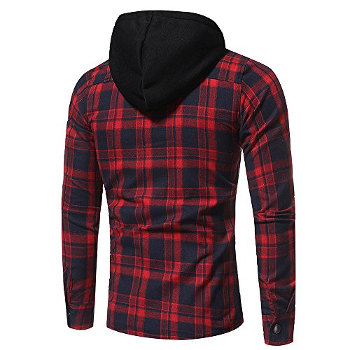 riou Botón Camisa de Manga Larga con Capucha y Cuadros de Otoño Invierno Casual Chaqueta Ropa Tops