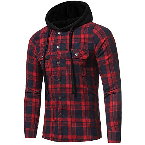 riou Botón Camisa de Manga Larga con Capucha y Cuadros de Otoño Invierno Casual Chaqueta Ropa Tops