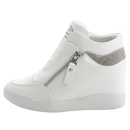 rismart Mujer Cuña Plataforma Botín Elegante Deportivos Zapatillas Zapatos SN15018(Blanco,38.5 EU)