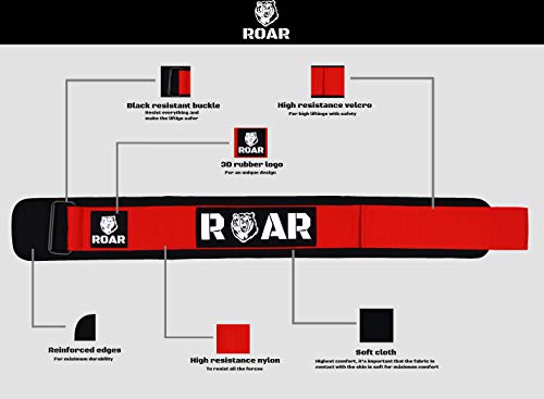 Roar® Cinturón Lumbar Gimnasio, Cinturon Gimnasio Hombre y Mujer, Cinturon Halterofilia, Powerlifting, Crossfit, Levantamiento Peso, Musculacion, Cinturon Gym Hombre, Cinturon Pesas (Rojo, M)