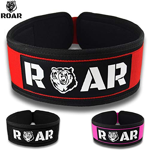 Roar® Cinturón Lumbar Gimnasio, Cinturon Gimnasio Hombre y Mujer, Cinturon Halterofilia, Powerlifting, Crossfit, Levantamiento Peso, Musculacion, Cinturon Gym Hombre, Cinturon Pesas (Rojo, L)