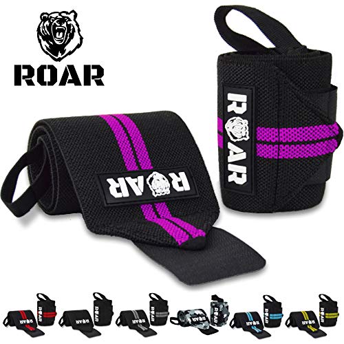 Roar® Muñequeras Deportivas, Muñequeras Crossfit Hombre y Mujer, Muñequeras Gym Hombre, Wrist Wraps, Muñequera Crossfit, Muñequeras Gimnasio, Calistenia, Musculacion, Halterofilia (Morado)