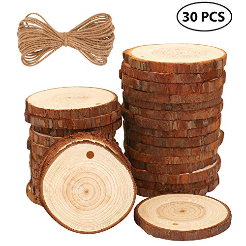 Rodajas de Madera Círculos 6-7 cm 30 pcs Fuyit Discos de Madera Rebanada 10m Cuerda de Cáñamo Maderas Naturales Perforado Con Corteza de Árbol Para Manualidades