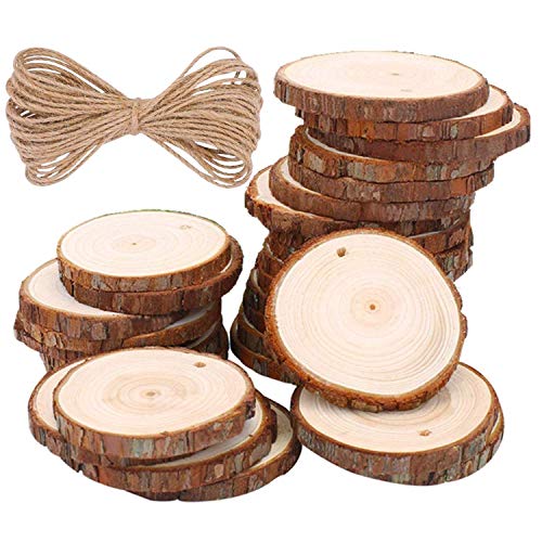 Rodajas de Madera Círculos 6-7 cm 30 pcs TICIOSH Discos de Madera Rebanada 10m Cuerda de Cáñamo Maderas Naturales Perforado Con Corteza de Árbol Para Manualidades