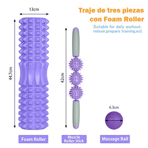 Rodillo de Yoga，Foam Roller，Rodillos de Espuma para Ejercicios musculares Foam Roller Kit con Rejilla de Liberación Miofascial, 3-en-1 Kit de Rodillo Masaje Muscular con Rodillos de Espuma (Púrpura)