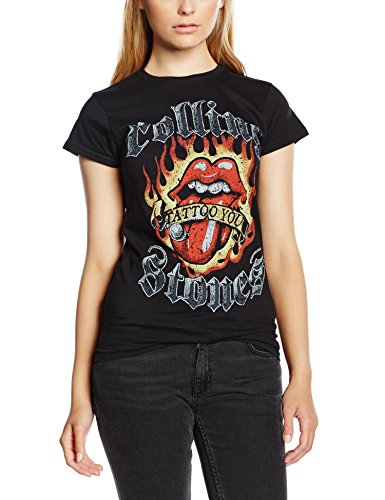 Rolling Stones Flaming Tattoo Tongue Camiseta Manga Corta, Negro, Small para Mujer