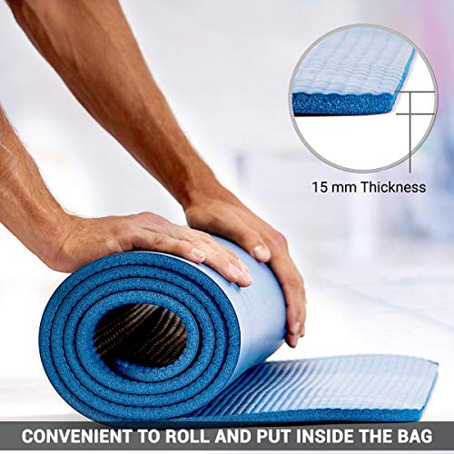 ROMIX Esterilla Yoga Antideslizante, 15MM Alta Densidad Gruesa y Suave Ecológica Almohadilla de Espuma de Memoria, Liviana Yoga Mat para Pilates Ejercicio Gimnasio Fitness Meditación Viaje (Azul)