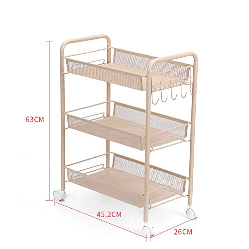 RONG HOME Ducha de almacenaje del Organizador, de 3 Niveles Inicio Estanterías, Cocina Soporte de Almacenamiento Carro con 5 Ganchos, Estante estación de Trabajo con Cesta, 45.2x26x63cm, Beige,Blanco