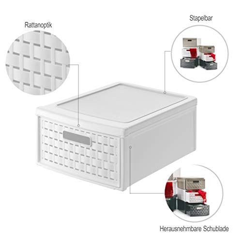 Rotho Country, Cajón de 8.3 litros con un cajón en apariencia de ratán, Plástico PP sin BPA, blanco, klein, 8.3l 35.0 x 26.0 x 14.5 cm