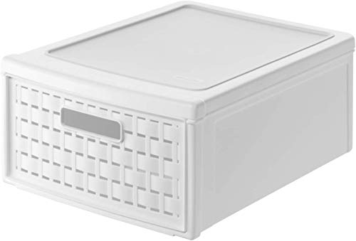 Rotho Country, Cajón de 8.3 litros con un cajón en apariencia de ratán, Plástico PP sin BPA, blanco, klein, 8.3l 35.0 x 26.0 x 14.5 cm