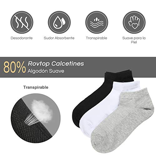 Rovtop 12 Pares de Calcetines para Hombre y Mujer - Calcetines Deportivos Corto Malla Transpirable (Blanco/Negro/Gris) (12 Calcetines Medio)