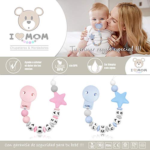 RUBY - Chupetero personalizado para bebe con nombre bola silicona antibacteria con pinza plastico con 2 agujeros anti-asfixia Chuptero Estrella (Azul)