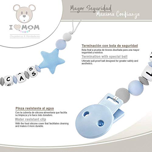 RUBY - Chupetero personalizado para bebe con nombre bola silicona antibacteria con pinza plastico con 2 agujeros anti-asfixia Chuptero Estrella (Azul)