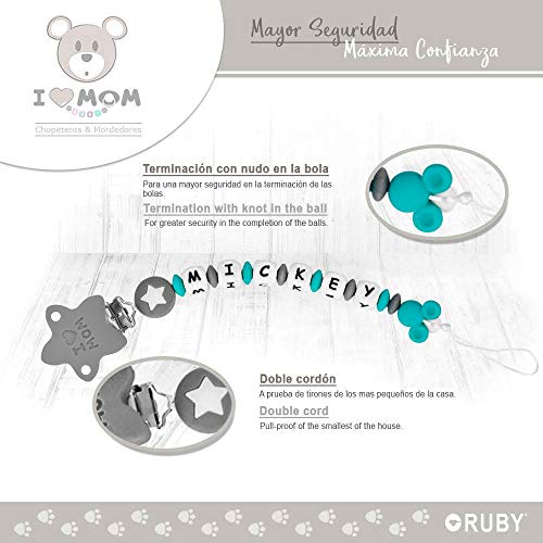 RUBY - Chupetero Personalizado para Bebe con Nombre Bola Silicona Antibacteriana con Pinza de Acero Inoxidable Estrella (Turquesa)