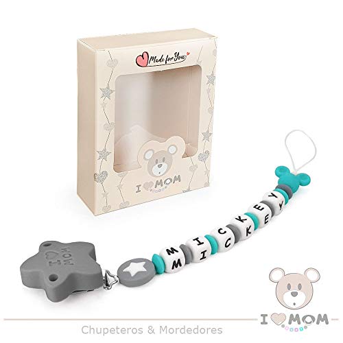 RUBY - Chupetero Personalizado para Bebe con Nombre Bola Silicona Antibacteriana con Pinza de Acero Inoxidable Estrella (Turquesa)