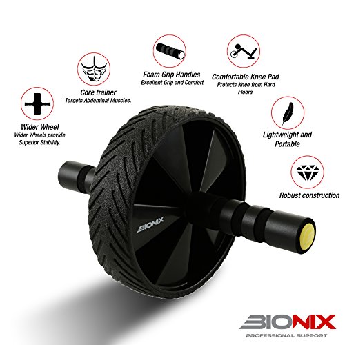 Rueda abdominal Bionix con esterilla para las rodillas de espuma de nitrilo y 15 mm de grosor. Barra de acero inoxidable con asas de goma suave. Ideal para ejercitar los abdominales, para hombres y mujeres. Negro