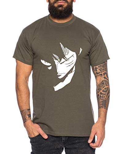 Ruffy Face Zoro One Manga Camiseta Luffy de Hombre Anime Piece, Größe2:Large, Farbe2:Caqui