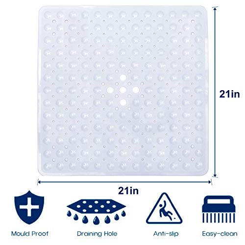 Ruiuzi - Alfombrilla de baño antideslizante lavable a máquina, antibacteriana, BPA, látex, sin ftalatos, alfombra de baño cuadrada con orificios de drenaje, ventosas, caucho, transparente, 53cm*53cm