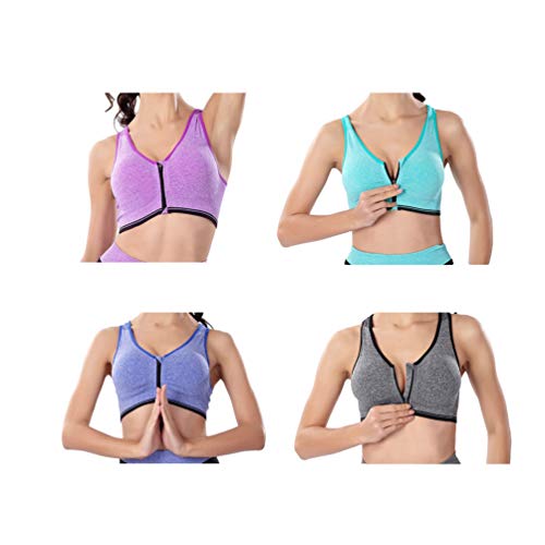 Runyue Shock Absorber Active Zipped Plunge Sport,Tallas Grandes Sujetador Deportivo para Mujer Yoga/Fitness/Run Morado+Verde+Azul+Flor Gris M