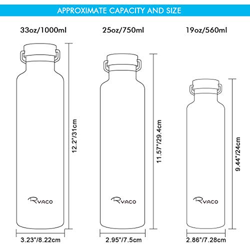 Ryaco Botella de Agua aislada al vacío de Acero Inoxidable, 750ml, diseño de Pared Doble para Mantener Sus Bebidas Caliente y Fría, Sin BPA, Ideal Botella de Agua Deportiva (Negro)