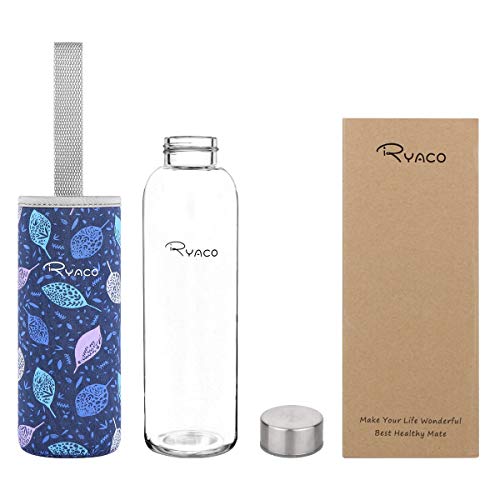 Ryaco Botella de Agua Cristal 550ml, Botella de Agua Reutilizable 18 oz, Sin BPA Antideslizante Protección Neopreno Llevar Manga y Cepillo de Esponja (Foglia BLU)